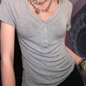 Grey v neck low cut button up t shirt